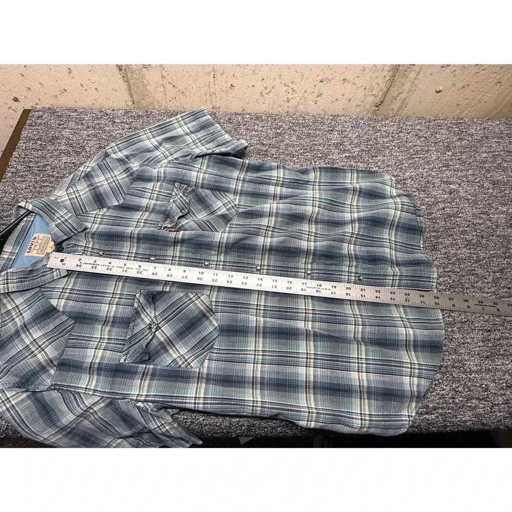 Levis Mens Blue Plaid Short Sleeve Western Pearl Snap Shirt Large L Cotton